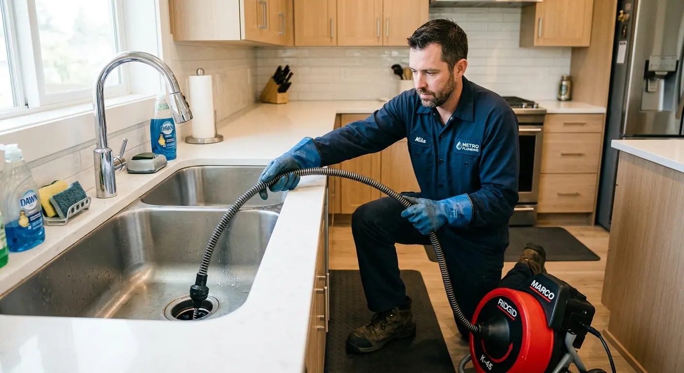 Drain cleaning technician using a motorized snake on a kitchen sink in Caldwell