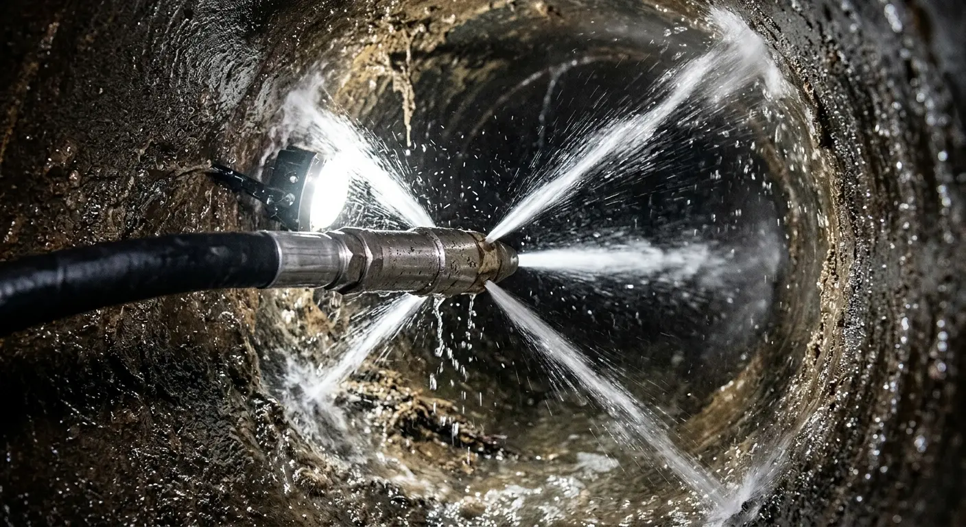 High-pressure hydro jetting nozzle cleaning sewer pipe for Sewer Cleanout in Caldwell