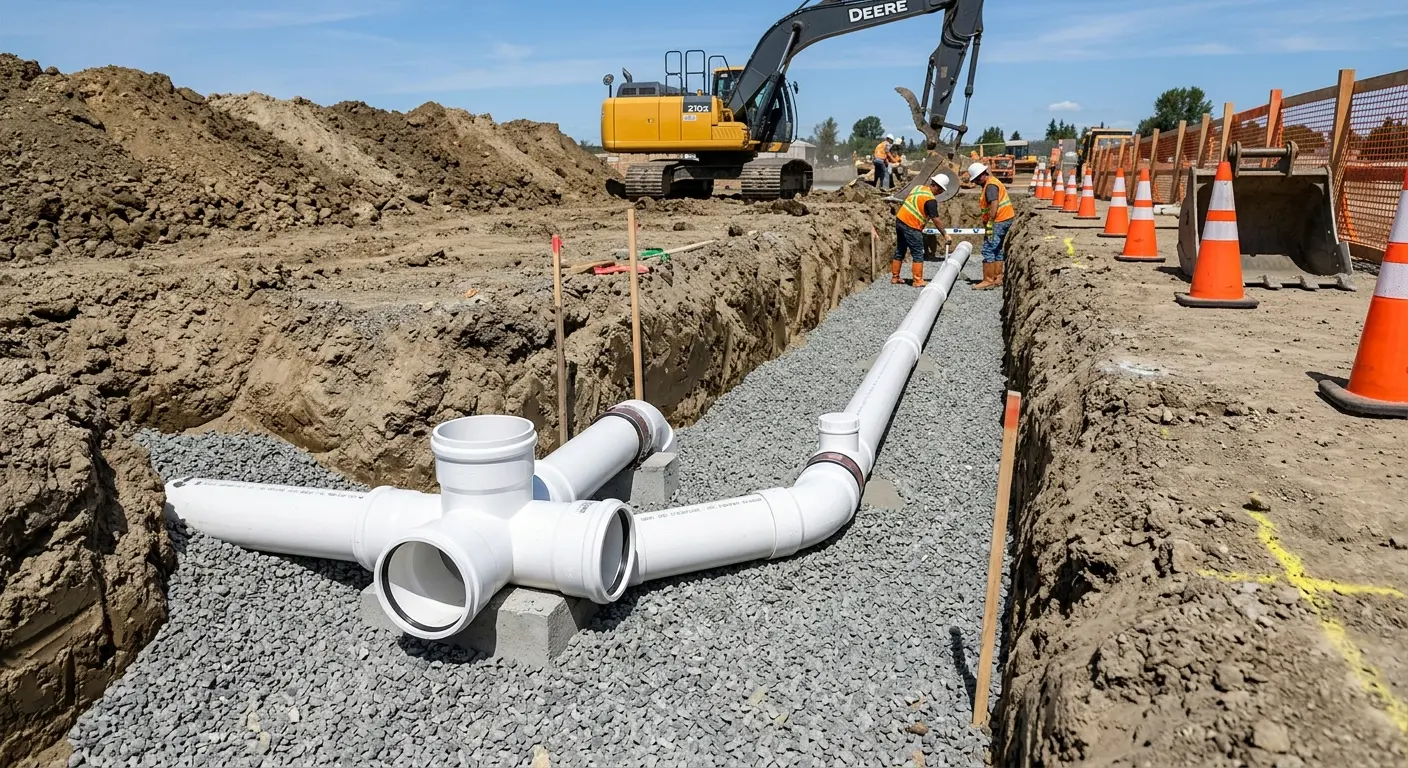 New PVC sewer pipe installation in open trench for Sewer Backup in Caldwell