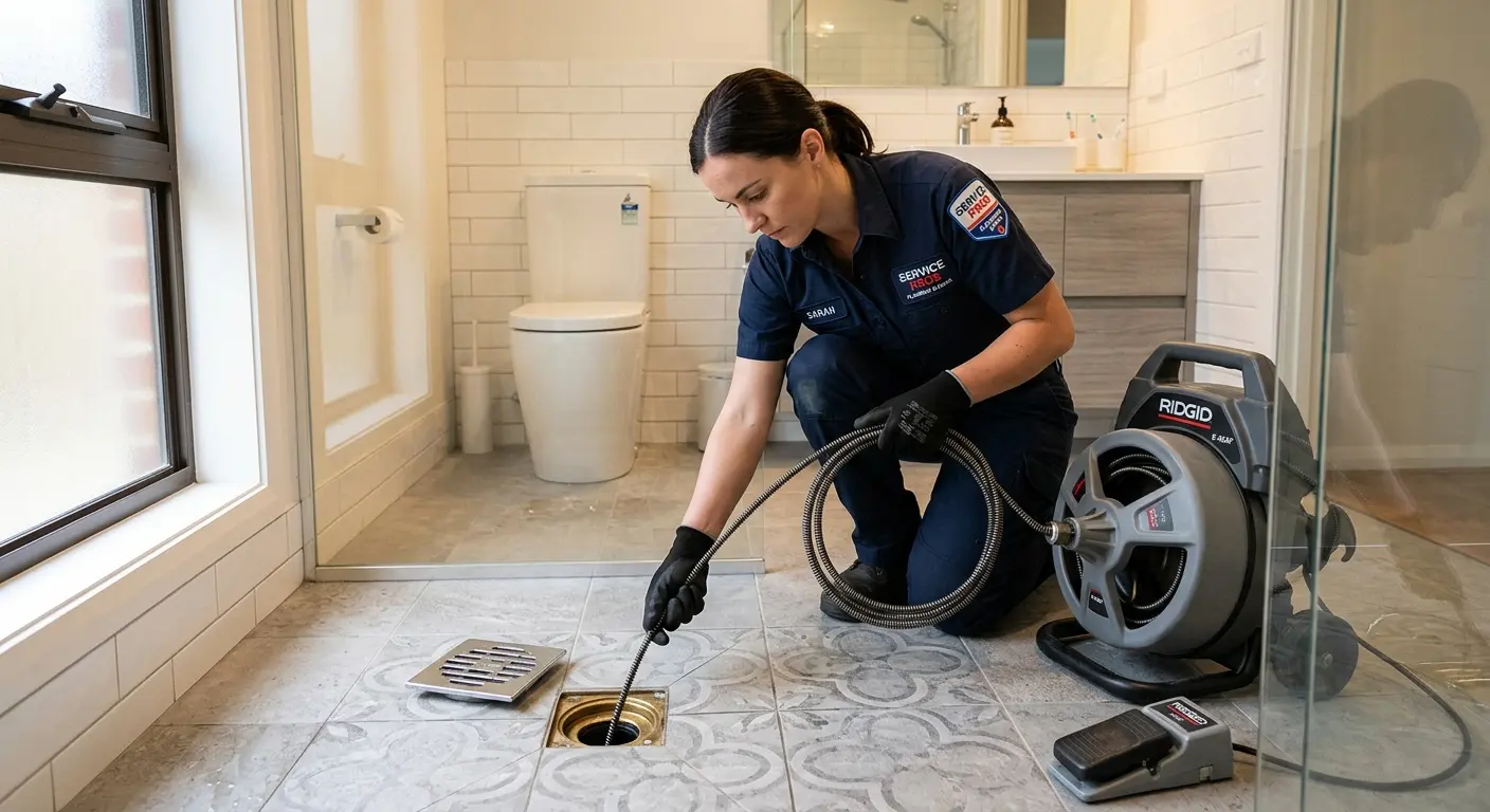 Technician clearing a bathroom floor drain for Sewer Line Replacement in Caldwell